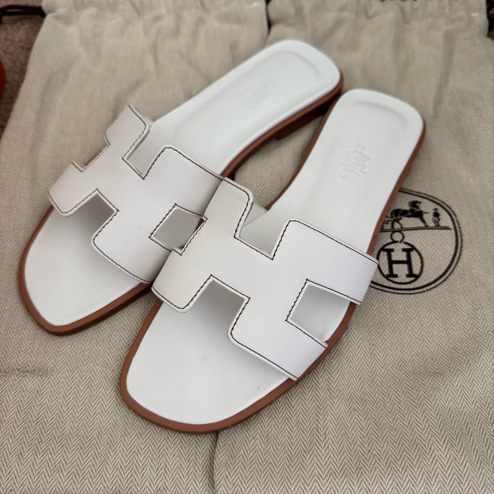 Hermes Oran H White Slide Sandals
